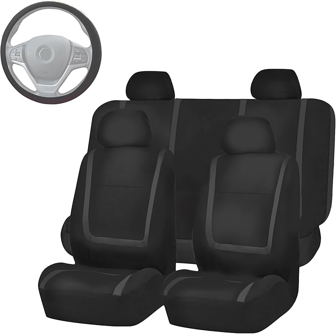 FH Group Unique Flat Cloth Full Set Car Seat Covers w. Silicone Steering Wheel Cover- Universal Fit for Most Cars, Trucks, SUVs or Vans (Black)