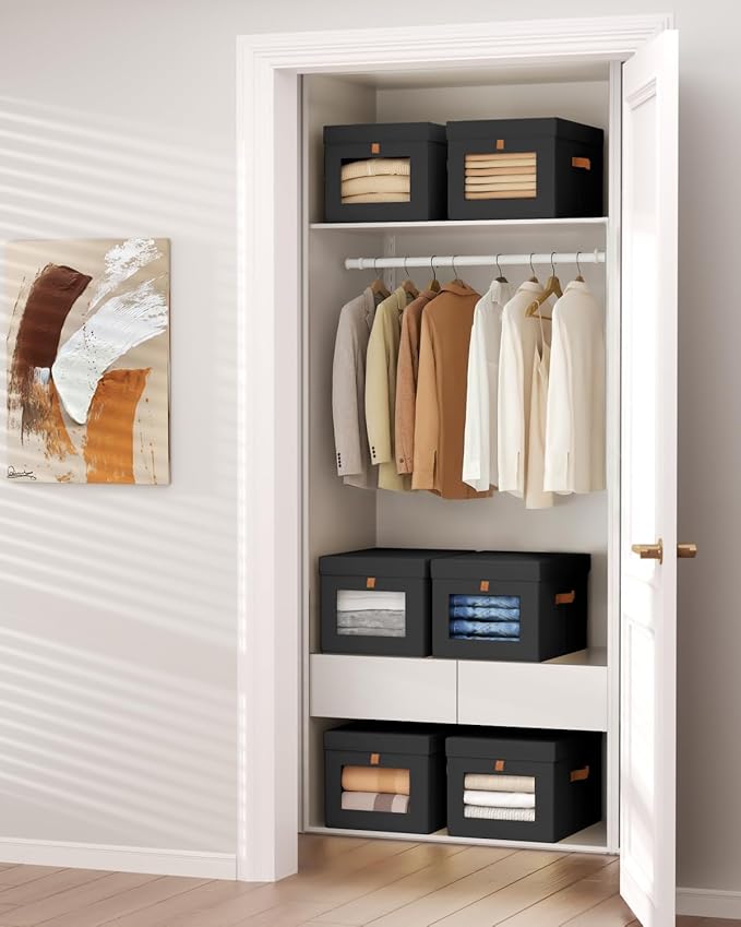 Homsorout Storage Bins with Lid – Closet Organizer with Side Opening and Clear Window, Foldable Stackable Fabric Basket for C