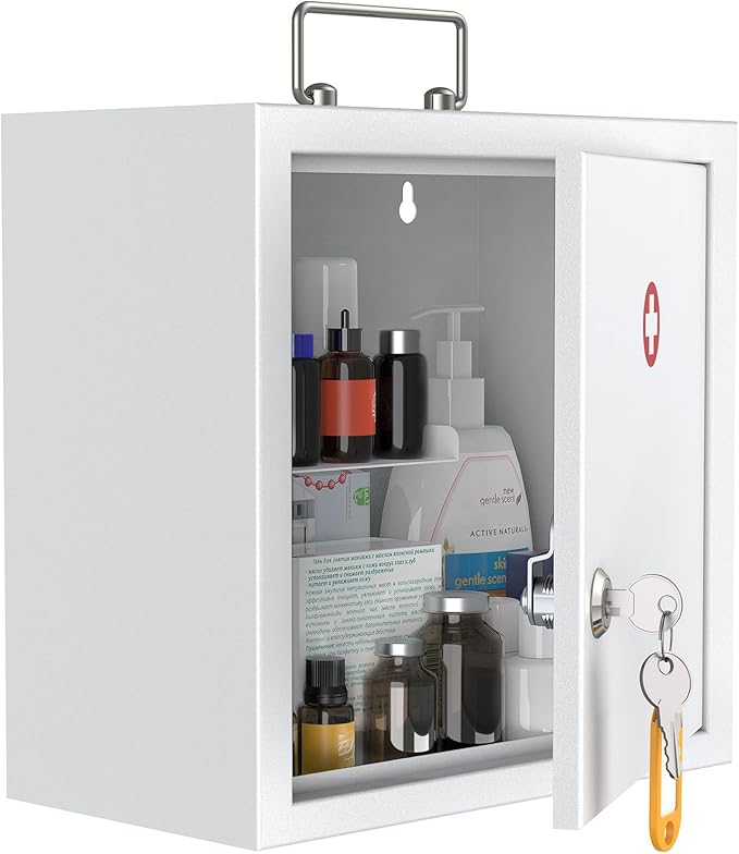 Uniclife Wall Mount Medicine Cabinet with Key Lock & Handle Locking First Aid Cabinet Lockable Medical Cabinet Medium Medicin