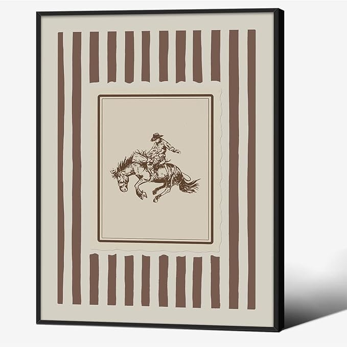 Vintage Western Black Framed Wall Art Striped Rodeo Decor Southwest Cowboy Poster Canvas Prints Retro Stamp Mid West Mid Cent