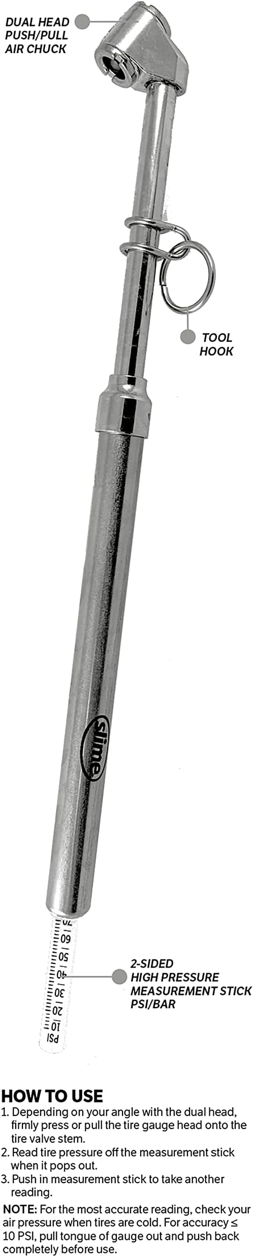 Slime 2021-A Tire Gauge, Dual Head, Pencil Gauge, Truck & SUV, 10-150 psi