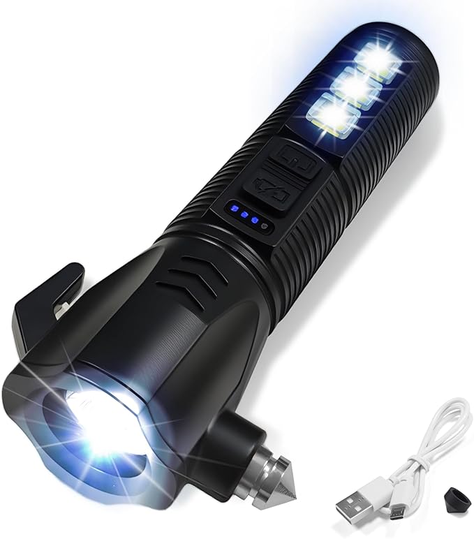 Black Emergency Car Flashlight - 2000 Lumen Dual Light 4-Level Battery Indicator Window Breaker & Seatbelt Cutter USB Recharg
