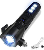 Black Emergency Car Flashlight - 2000 Lumen Dual Light 4-Level Battery Indicator Window Breaker & Seatbelt Cutter USB Recharg