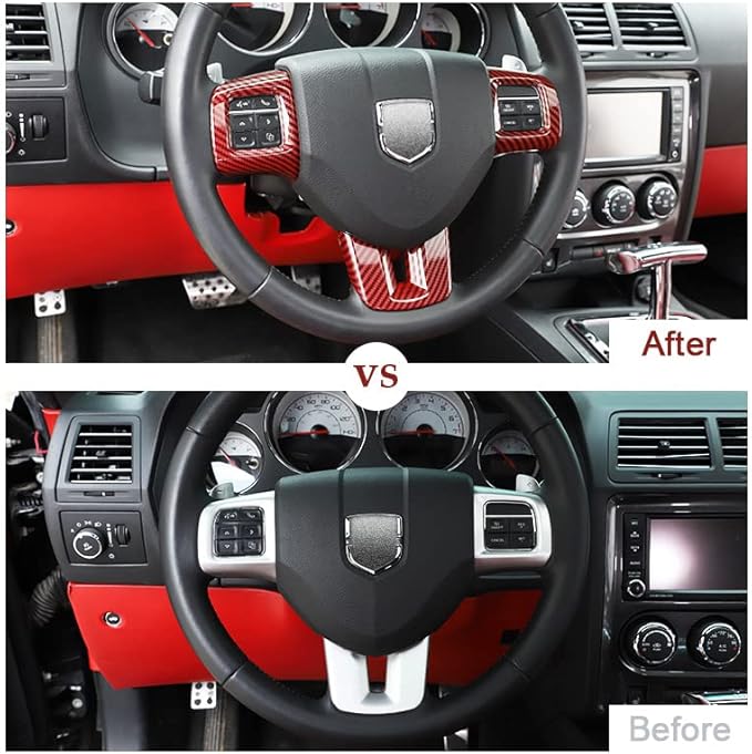 Linskip Steering Wheel Trim Compatible with Dodge Journey 2013-2022 & Charger/Challenger/Durango/Dart 2009-2014, Steering Wheel Cover for Journey Interior Accessories 3Pcs(Red Carbon Fiber)