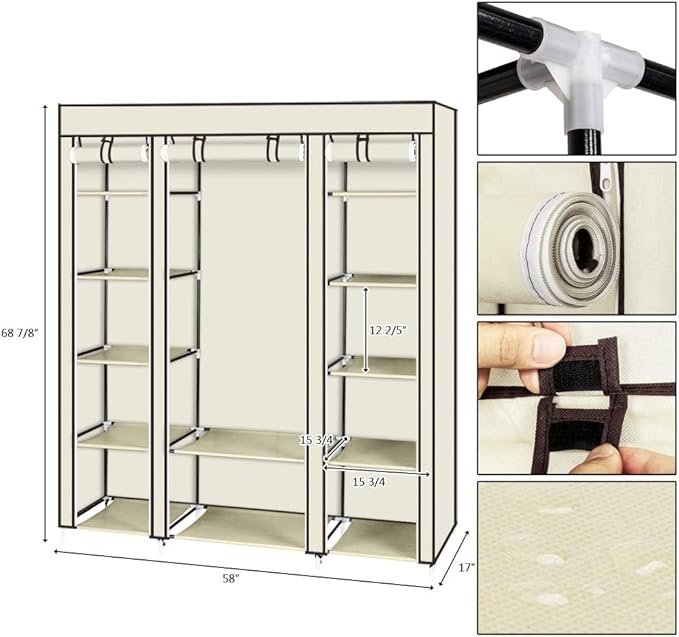 69" Portable Closet Storage Organizer Wardrobe Clothes Rack,Covered Garment Rack,Steel Tube Clothes Storage Organizer,Freesta