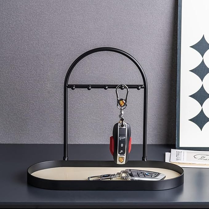 Shinpuru Metal Jewelry Organizer Stand & Key Holder Tray with Acrylic Base, Key Stand and Jewelry Tray with 5 Hooks, Perfect 
