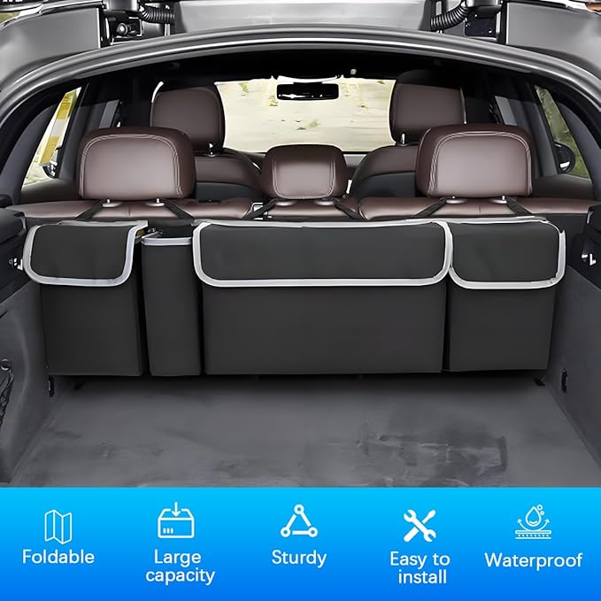 Car Trunk Organizer with Lid, Large Waterproof Vehicle Backseat Hanging Storage Bag with 4 Pockets & Adjustable Straps, Colla