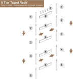 Blanket Ladder, 5-Tier Towel Holder with 4 Removable Hooks, Farmhouse Wall Leaning Decorative Rack Shelf, Wooden Towel Displa