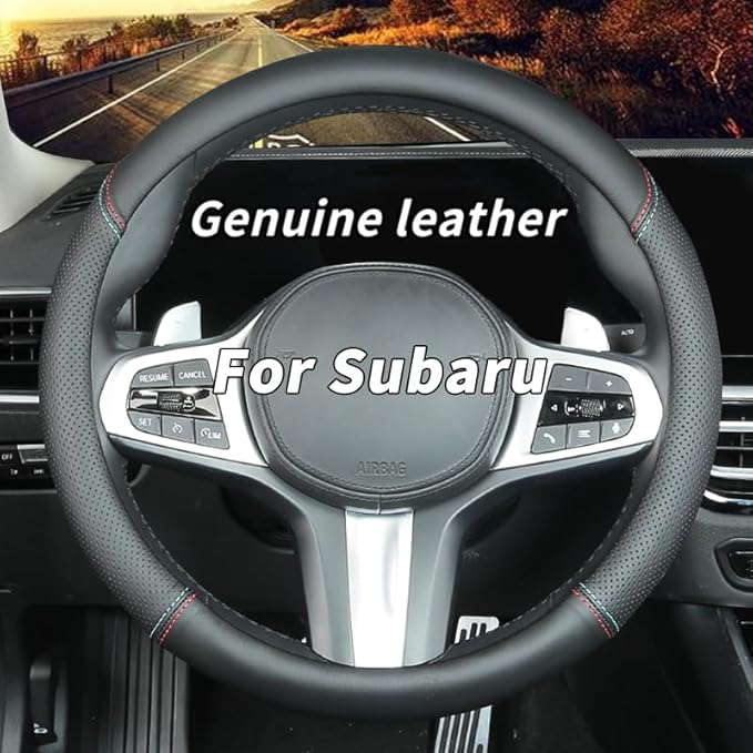 Custom-Fit for Subaru Steering Wheel Cover, Genuine Leather Steering Wheel Cover, Non-Slip, Breathable, for Subaru Accessories (Black (red Blue line), for Subaru)