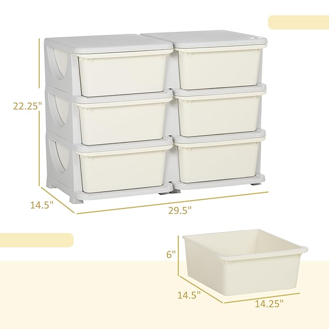 Qaba 3 Tier Kids Storage Unit, Toy Organizers and Storage with 6 Drawer Chest for Kids Bedroom Nursery Kindergarten Living Ro