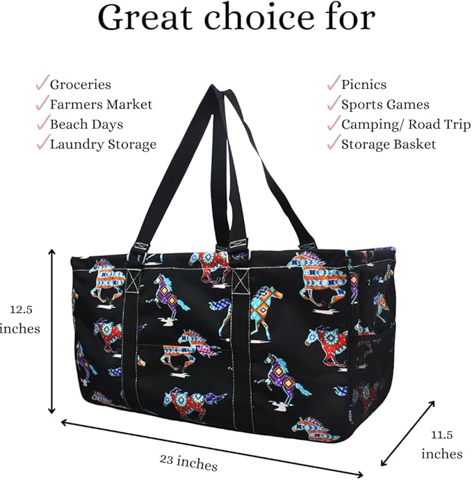 NGIL Extra Large Utility Tote Reusable Grocery Organizing Bag Oversized Collapsible for Storage, Picnic,Car, Beach (Stallion Wild Horse Black)