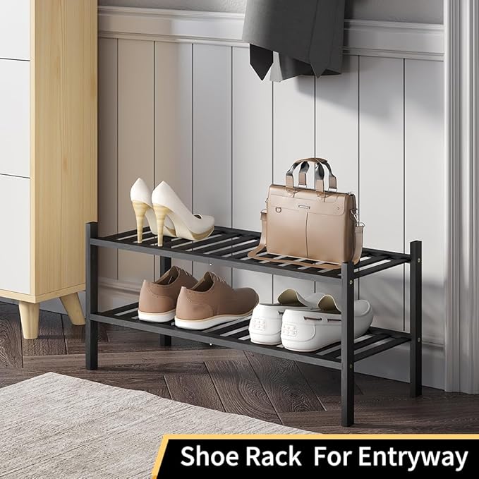 Shoe Rack, 2-Tier Bamboo Stackable Shoe Shelf Storage Organizer, Shoe Stand for Closet, Entryway and Hallway