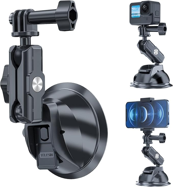 TELESIN Car Mount Suction Cup with Phone Holder, Outside Inside Windshield Window Dashboard Attachment for Go Pro Max Hero 13 12 11 10 9 8 Insta 360 X4 X5 DJI Action 3 4 5 pro 6 Pocket 3 Accessories