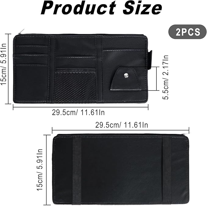 2 PCS Car Visor Organizer, Sunglasses Holder for Car Sun Visor, Leather Sunvisor Organizers with Sunglass Holder & Card Sleeve Pocket, Vehicle Accessories for Most Vehicle, Black