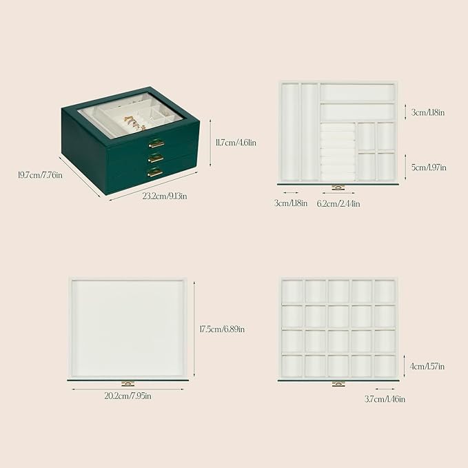 Jewelry Box Organizer with 3 Drawers,Glass Lid Jewelry Boxes for Women,Jewelry Storage for Rings,Necklaces,Earrings,Bracelets