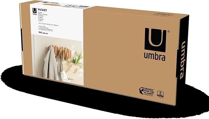 Umbra Picket Coat Rack Wall Mount – 5 Flip-Down Wood Coat Hooks, Modern & Functional Storage, Easy Install Wall Hooks, Natura