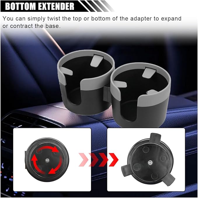 Car Double Cup Holder Extender, 2-in-1 Car Cup Holder Adapter with Adjustable Base, Universal Multifunctional Cup Holder Organizer for Beverage, Snack, Cup, Bottle Storage (Grey)