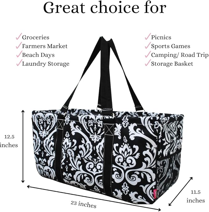 NGIL Extra Large Utility Tote Reusable Grocery Bag Oversized Collapsible for Groceries, Storage, Picnic, Beach (Damask-black)