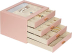 Jewelry Box with Glass Lid, 4-Layer Jewelry Organizer for Women Girls, PU Leather Display Case with 20-Grid Earring Tray & Mo