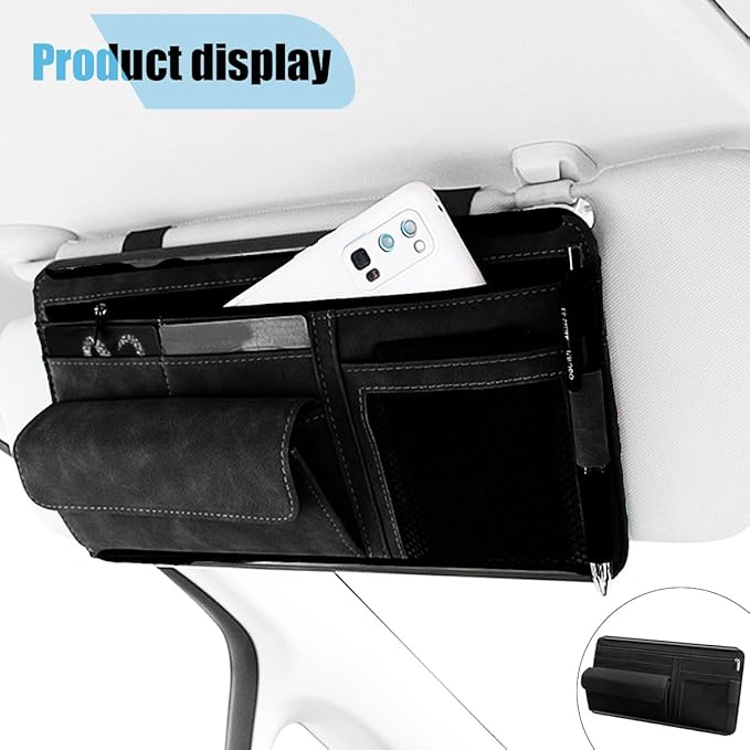 Suede Car Sun Visor Organizer with Multi-Pocket Net Zipper, Glasses Case, Sunglass Holder for Interior Accessories (Black)