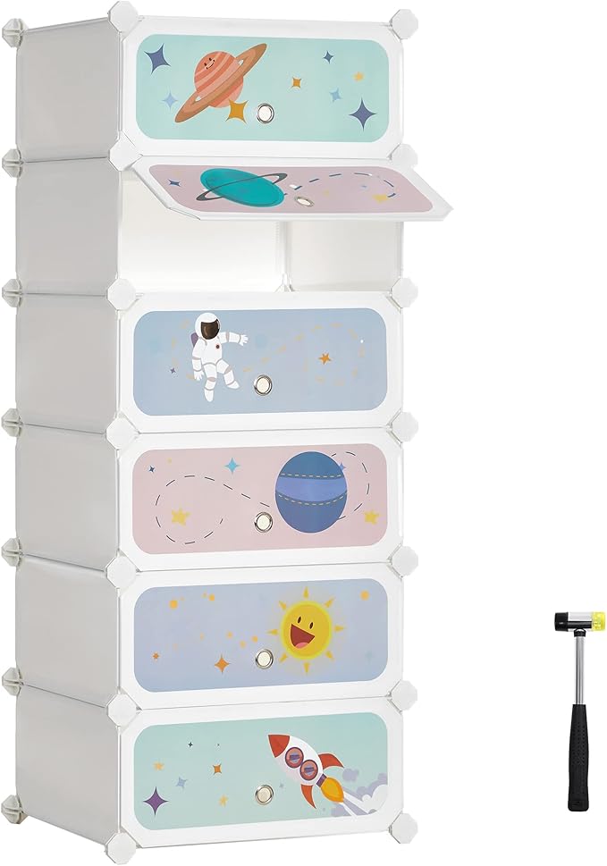 SONGMICS Kids' Shoe Rack with Doors, 6-Slot Stackable Storage Organizer, Plastic Wardrobe, Toys, Books, Clothes, 12.2 x 16.9 