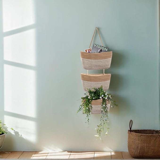 Over the Door Hanging Basket for Organizing 3 Tiers Woven Cotton Rope Wall Mount Storage basket Decorative Kitchen Hanging Or