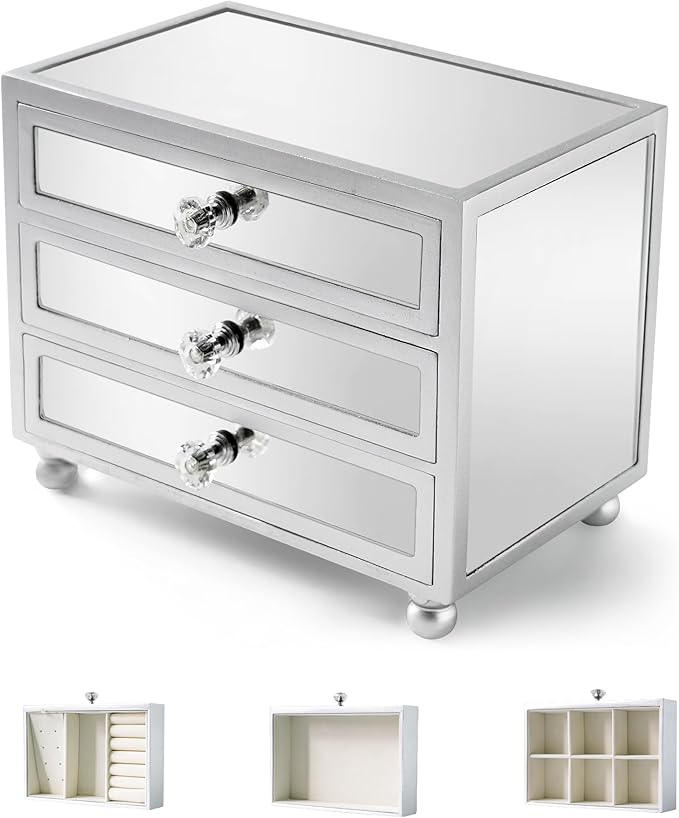 Gifturbo 3 Layer Mirrored Glass Jewelry Box, Large Capacity Women's Storage Box with Velvet Interior and Crystal Handle