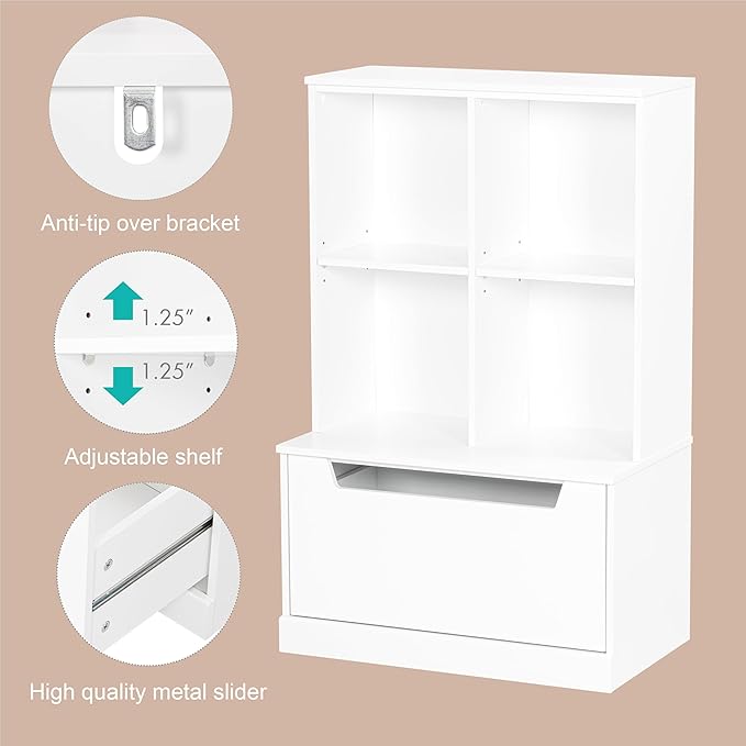 UTEX Kids Bookshelf and Toy Storage Organizer, Toddlers Bookcase with Cubbies, Adjustable Wood Shelf with Drawer for Bedroom,