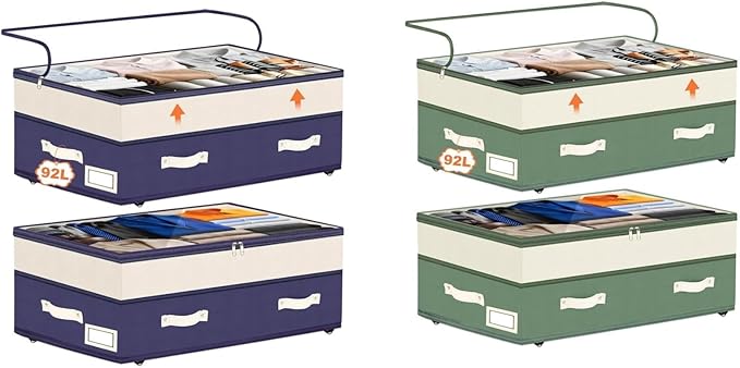 Dolicer 4 Pack Under Bed Storage with Wheels (Blue & Blue), 4 Pack 92L XXXL 6in-10in Height Adjustable Underbed Storage Conta