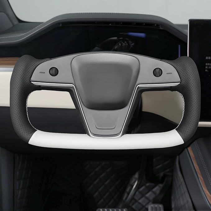 MEWANT Hand Stitched White Leather Steering Wheel Cover Wrap for Tesla Model S 2021-2023 / Model X 2021-2023 Steering Wheel Accessories