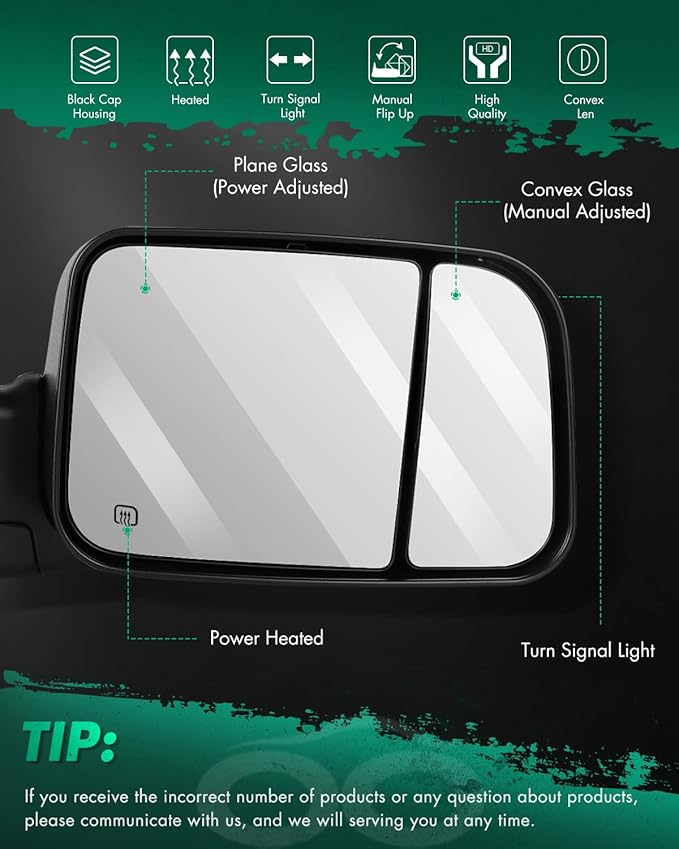 SCITOO Tow Mirrors Compatible with for 2009-2010 For Dodge For Ram 1500 2011-2019 For Ram 1500 2500 3500 Pickup Truck Power Adjusted Heated Turn Signal Puddle Light Black Towing Mirrors LH RH