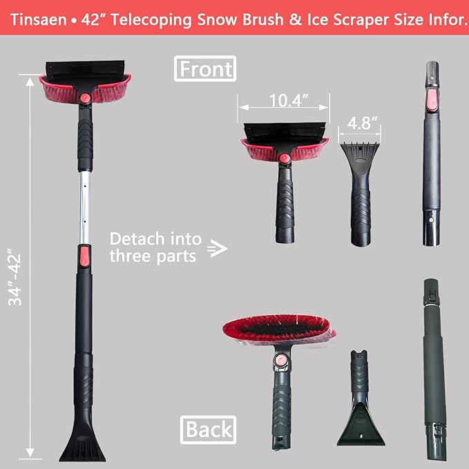 42" Extendable Snow Brush & Ice Scraper for Car Windshield, Heavy Duty 180° Pivoting Black Cleaning Broom for Auto SUV Truck, Detachable Snow Removal Tool with Telescoping Aluminum Rod