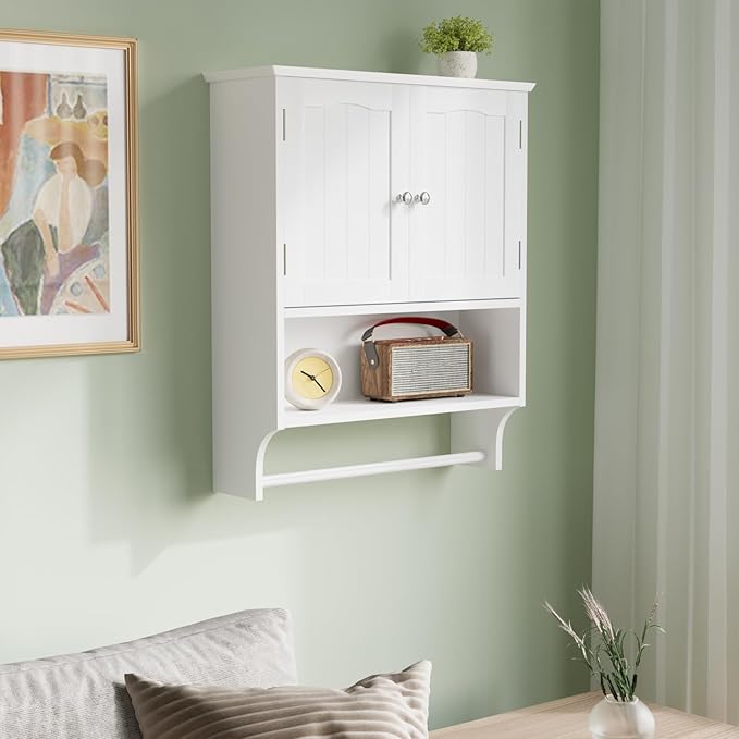 Smuxee White Bathroom Cabinet Wall Mounted with Towels Bar, Bathroom Medicine Cabinet with 2 Door Adjustable Shelves, Over To