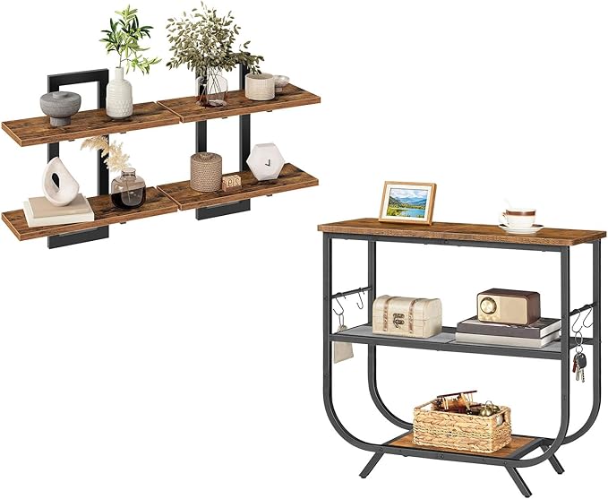 HOOBRO Floating Shelves, 31.5" Narrow Entryway Table with Storage Shelves, Wall Mounted Storage Shelves 2-Tier, Sofa Table wi