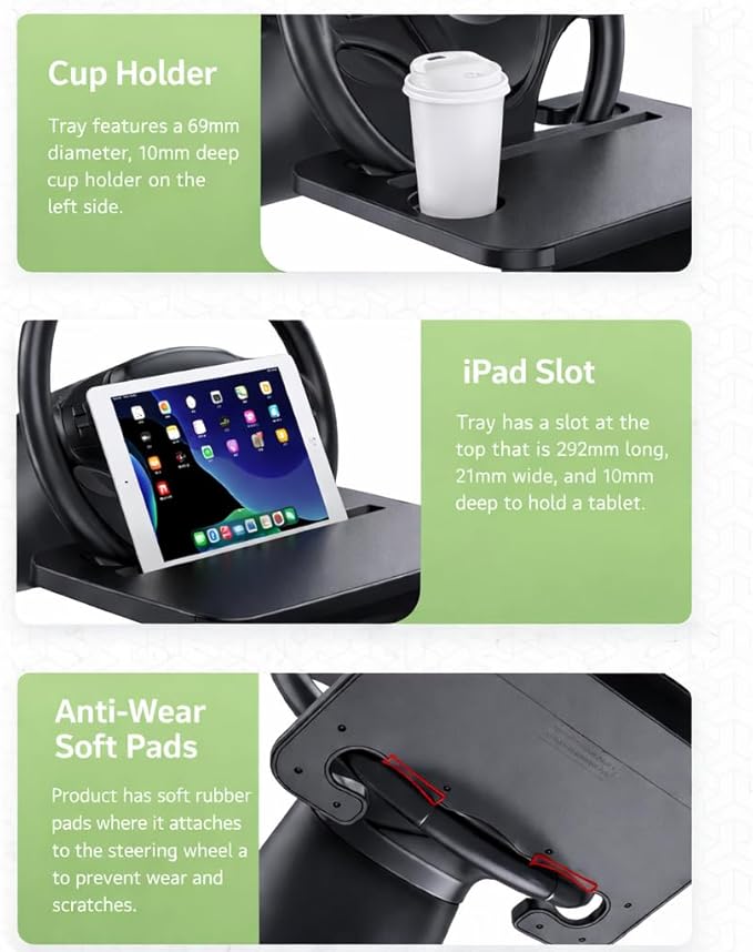 2-in-1 Steering Wheel Desk & Seat Gap Organizer, Portable Steering Wheel Tray with Cup Holder & Pad Slot, Car Food Table for Laptop Eating Working, Multipurpose Road Trip Accessories