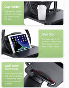 2-in-1 Steering Wheel Desk & Seat Gap Organizer, Portable Steering Wheel Tray with Cup Holder & Pad Slot, Car Food Table for Laptop Eating Working, Multipurpose Road Trip Accessories