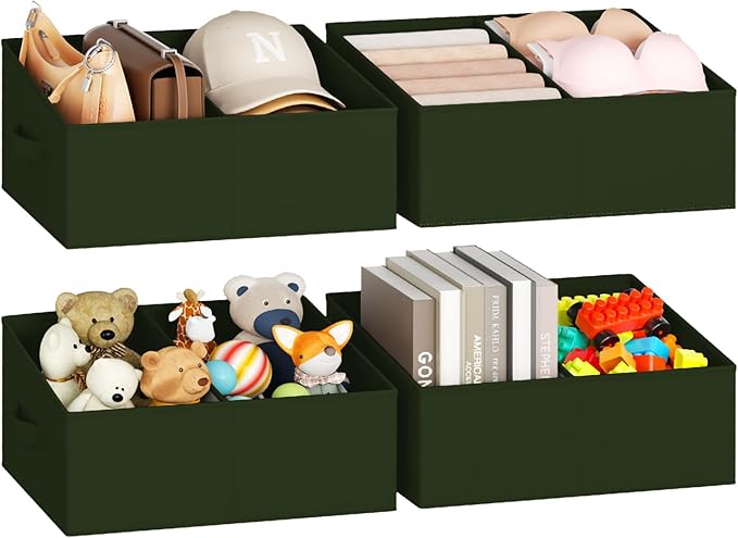 DIMJ Large Closet Shelf Organizer Bins 4 Packs with Handles and Divider, Fabric Trapezoid Storage Baskets, Foldable Clothes C