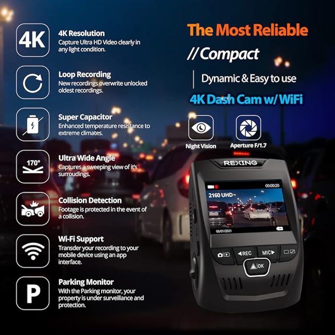 REXING V1 - 4K Ultra HD Car Dash Cam 2.4" LCD Screen, Wi-Fi, 170° Wide Angle Dashboard Camera Recorder with G-Sensor, WDR, Lo