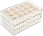 FEISCON Acrylic Jewelry Organizer Makeup Cosmetic Storage Organizer box Clear Jewelry Case with 3 Drawers Adjustable Jewelry 
