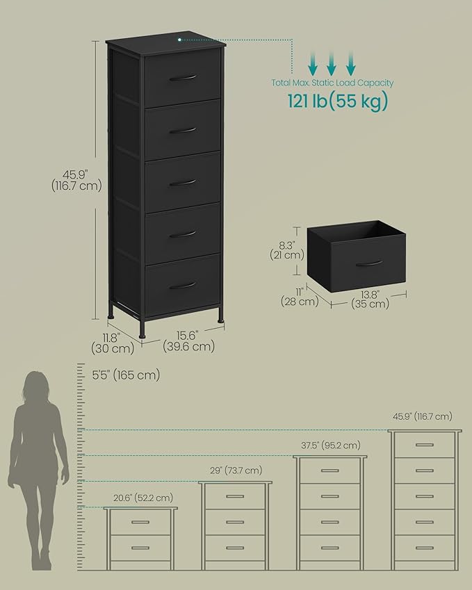 SONGMICS Dresser for Bedroom, Chest of Drawers, Steel, MDF, 5 Non-Woven Fabric Drawers, Storage Organizer Unit, Closet, Entry