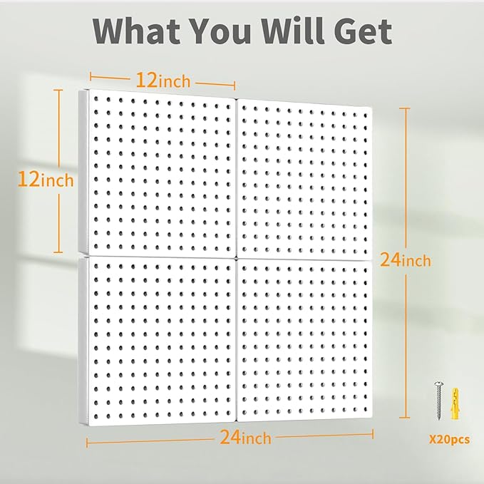 Peg Board, 4PCS Metal Pegboard Wall Organizer. Heavy Duty Pegboard, Peg Boards, Pegboard for Walls, White Pegboard for Garage