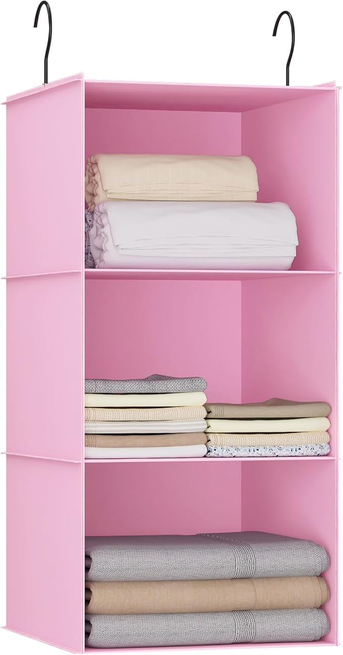 Hanging Closet Organizer and Storage 3-Shelf, Easy Mount Foldable Hanging Closet Wardrobe Storage Shelves, Clothes Handbag Sh