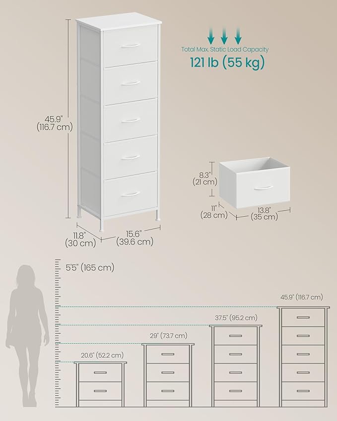 SONGMICS Dresser for Bedroom, Chest of Drawers, Steel, MDF, 5 Non-Woven Fabric Drawers, Storage Organizer Unit, Closet, Entry