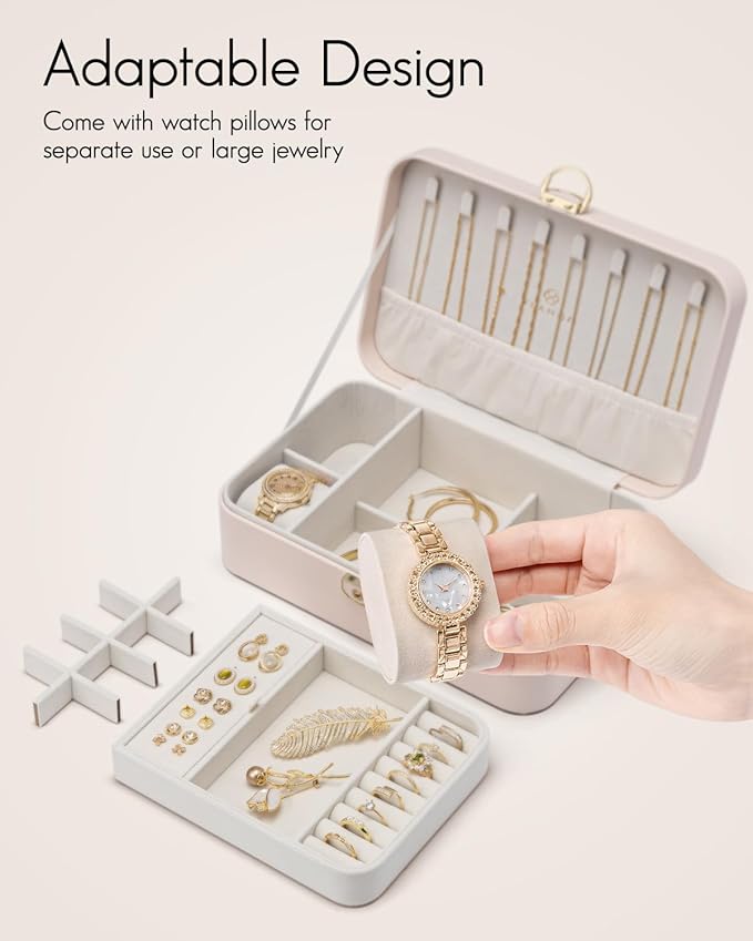 Vlando 2 Layer Jewelry Box,Jewelry Organizer Storage Lockable Earring Organizer Removable Jewelry Tray with Watch Pillow for 