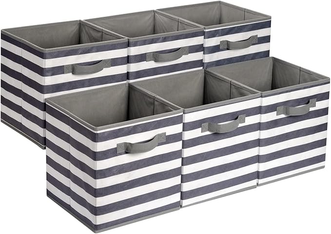 Amazon Basics Collapsible Fabric Storage Bins with Handles, Cube Organizer for Organizing, 13"x13"x13", White/Light Grey Stri