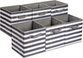 Amazon Basics Collapsible Fabric Storage Bins with Handles, Cube Organizer for Organizing, 13"x13"x13", White/Light Grey Stri