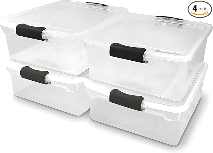 HOMZ 4-Pack 15.5 Quart Latching Lid, Clear Plastic Storage Organizer Bins, Gray – Stackable Containers for Home & Office Shel