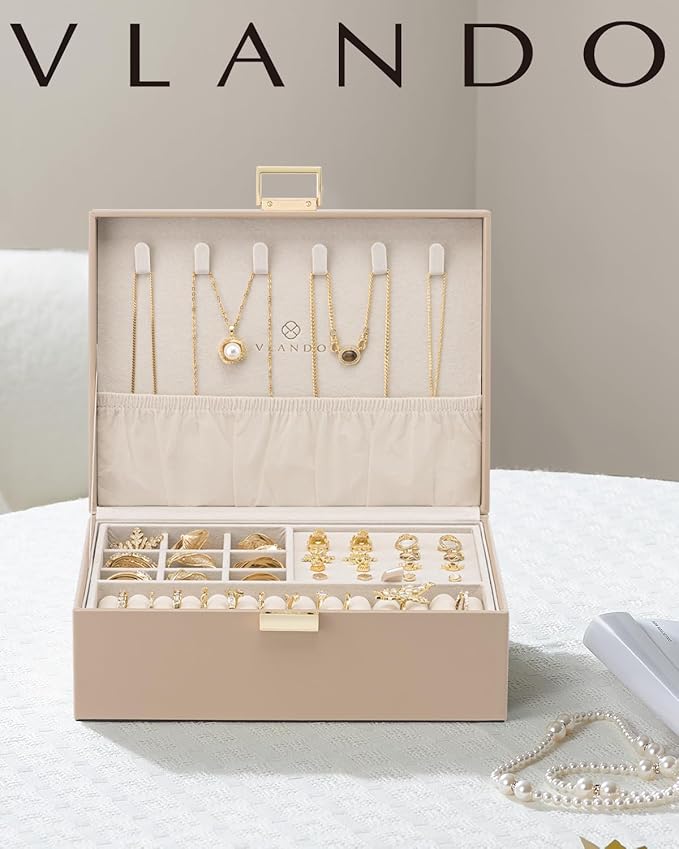 VLANDO Jewelry Box for Women, Gift for Women Girls,2 Layer Jewelry Box,Large Jewelry Organizer for Women Removable Jewelery T