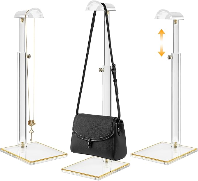 Acrylic Purse Stands for Display, 3 Pack 14" to 24" Adjustable Height Clear Purse Holder Stand, Counter Bags Hanging Organize