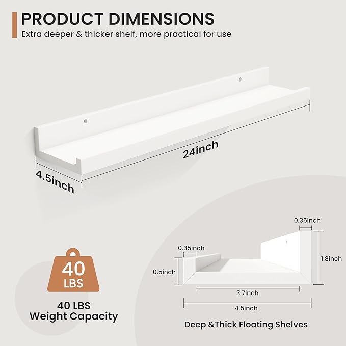 Fun Memories Picture Ledge Shelves Set of 2, 24 Inch Rustic Wall Mounted Floating Shelves with Lip for Home Storage and Décor